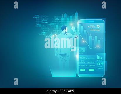 concept of online trading technology, businessman using stock market exchange interface on mobile phone Stock Vector