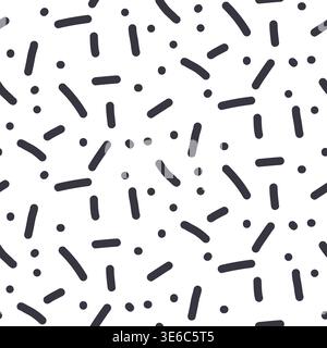 Small dash doodle seamless pattern. Black and white sprinkles and dots background. Simple confetti repeated wallpaper. Short lines and polka dots vect Stock Vector