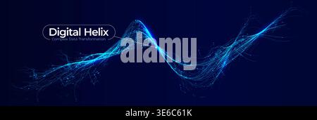 Abstract digital helix with glowing particle wave, complex data transformation concept. Big data visuals for tech banner, dashboard, presentation Stock Vector