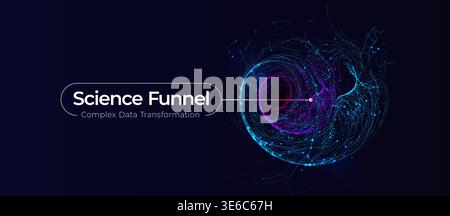 Abstract data funnel with glowing particle vortex, complex data transformation concept. Big data science background for tech presentation, dashboard Stock Vector