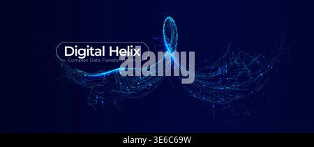 Abstract digital helix with glowing blue particle wave, complex data transformation concept. Big data science background for tech presentation Stock Vector