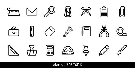 Stationery icon set for office and school. Pencil sharpener, notepad and briefcase. Stock Vector