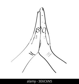 Praying hands gesture, sketch drawn folded hands meditation gesture, line art Stock Vector