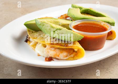 A view of some gobernador tacos, on a plate. Stock Photo