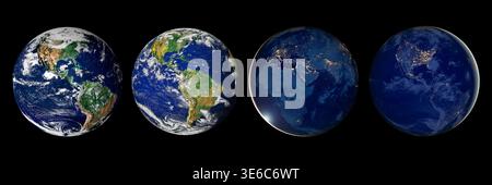Set of four Earth globes isolated on black background, header or banner design, satellite view. Stock Photo