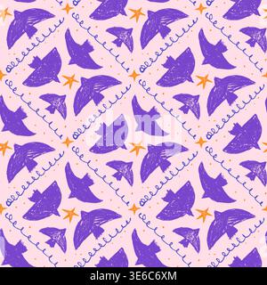 Romantic bird seamless pattern with purple crayon silhouettes and stars on pink. Squiggle doodles form vector dove birds pattern in argyle for textile Stock Vector