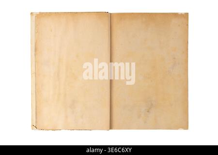 Open old battered book with dirty and torn cover and empty old yellowed leaves lying isolated on white background. Stock Photo