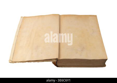Open old battered book with dirty and torn cover and empty old yellowed leaves lying isolated on a white background. Stock Photo