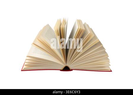 Time to read your favourite books. Open book with red cover isolated on white background. Stock Photo
