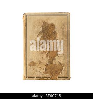 Old worn out book with dirty and torn cover and spine isolated on white background. Stock Photo