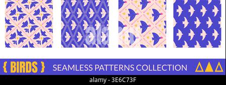 Romantic bird seamless pattern collection with cute scribble doodle and crayon stars. Harlequin bird pattern in trendy geometric silhouette for print. Stock Vector