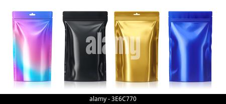 Food pouch foil bags in black, gold, blue color Stock Vector