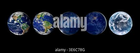 Set of five Earth globes isolated on black background, header or banner design, satellite view. Stock Photo