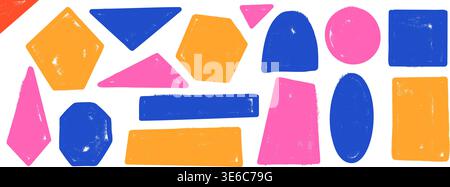 Colorful playful geometric shapes with crayon ink and crayon texture. Geometry shape set in blue, orange and pink as grunge frame. Hand drawn vector e Stock Vector