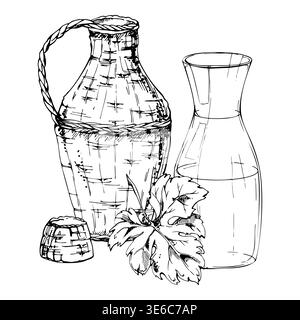 Tuscany style carafe wine jug in rattan wicker, empty glass decanter, grape leaf in botanical detail. Vector illustration hand drawn in ink. Sommelier Stock Vector