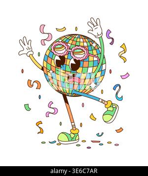 Retro cartoon groovy disco ball under confetti Stock Vector