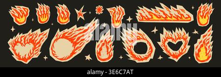 Hot promo sale stickers. Flame doodles in crayon, hand-drawn fire with grunge textures. Retro promo cutouts and text boxes for creative project. Vecto Stock Vector