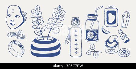 Wellness and Biohacking Gadgets Set. LED Face Mask, Smart Ring, Reusable Eye Patches, Eucalyptus Branches in Vase and Detox Water Bottle. Modern Self Stock Vector