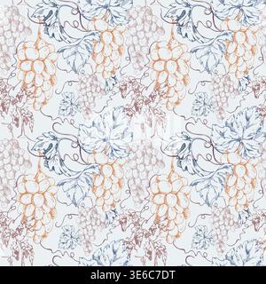 Grape berry fruit clusters with leaves and creepers. Botanical grapevine seamless pattern drawn in refined ink lines. Vector illustration. Wallpaper Stock Vector