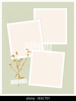 Minimalist scrapbook template with three blank photo frames, dried wildflower branch and washi tape on sage green background for social posts, moodboards and invitations. Vector illustration Stock Vector