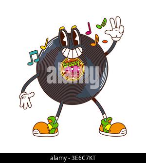Cartoon retro vinyl record groovy funky character Stock Vector