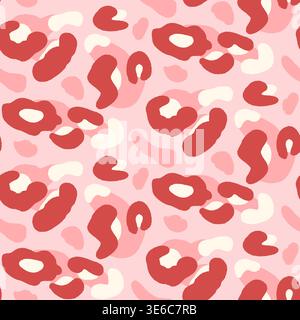 Coquette camouflage seamless pattern in red and pink for feminine print. Girly rosette and coquette spot as hand drawn vector on pink. Organic animal Stock Vector