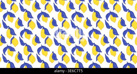 Seamless pattern with crayon lemons elements. Yellow and blue summer citrus design for textiles, kitchen decor, Mediterranean-inspired pastel pencil p Stock Vector
