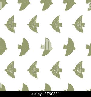 Pastel bird boho pattern with sage crayon doodle for seamless print. Cute pastel flock of dove silhouettes in a vector repeat on white. Hand drawn nai Stock Vector