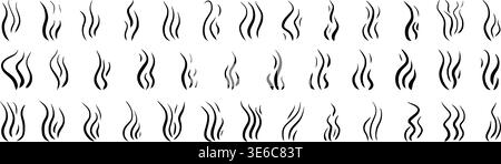 Hand-drawn smoke icons with steam waves and aroma clouds. Vector doodle set featuring hot vapor, cooking fumes, and fragrance swirls for food and coff Stock Vector