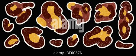 Paper cutout leopard spots on dark background with gold and brown. Bold paper cutout shapes with animal fur texture as vector set. Crayon skin element Stock Vector