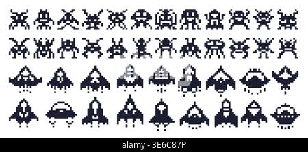 8 bit pixel art space ships and alien invaders Stock Vector