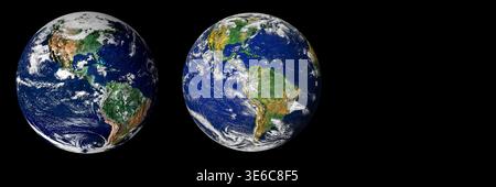 Earth globes isolated on black background header design with copy space. Stock Photo