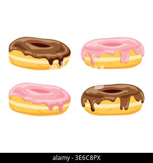 Cute flat vector set of 4 glazed donuts , pink and chocolate sweet dessert collection isolated on white background Stock Vector