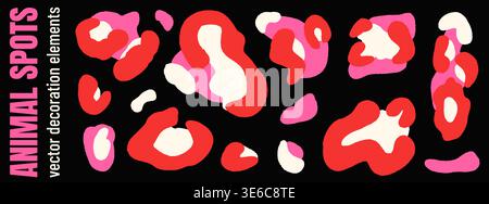 Girly animal spots in red and pink with cream shapes on dark background. Romantic animal elements as a vector decoration set for trendy print. Leopard Stock Vector