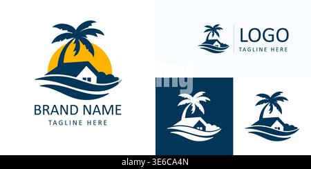 sunrise luxury waterfront logo with house palm wave ocean tropical island scene for resort travel real estate branding presentation Stock Vector