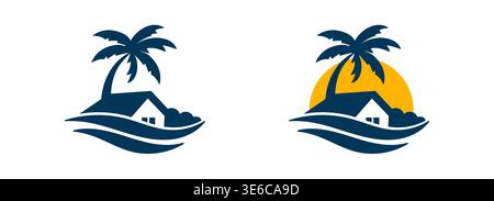 sunrise luxury waterfront logo with house palm wave ocean tropical island scene for resort travel real estate branding Stock Vector