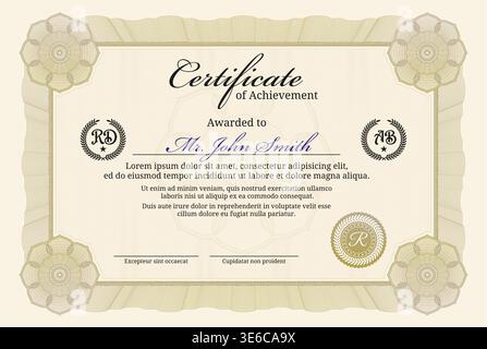 Paper certificate award with beige guilloche frame Stock Vector