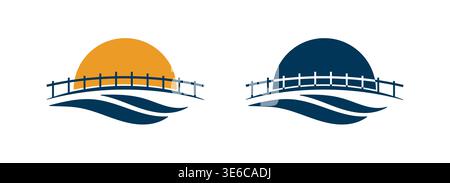 sunrise luxury waterfront logo with bridge wave water sun horizon for travel route connection coastal and city branding Stock Vector