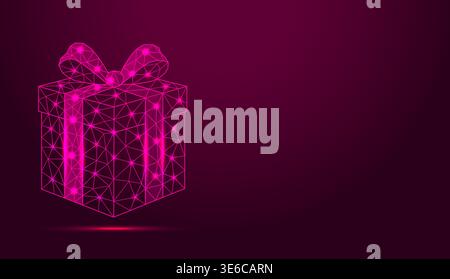Low poly wireframe gift box with bow on dark background. Stock Vector