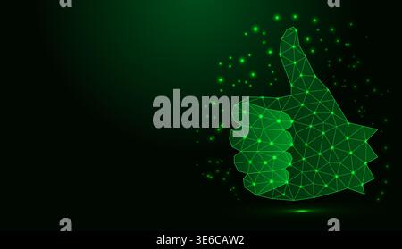 Low poly wireframe thumbs up on dark background. Stock Vector