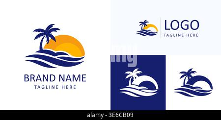 sunrise luxury waterfront logo with palm island wave ocean sun horizon for tropical beach resort branding Stock Vector