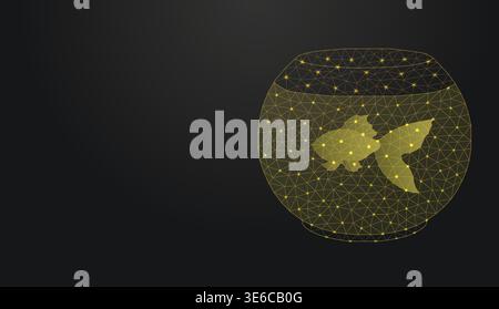 Low poly wireframe goldfish in a fishbowl icon on dark background. Stock Vector