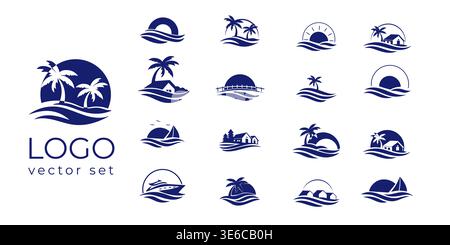 sunrise luxury waterfront logo set with palm house wave ocean sun icons for tropical beach resort and coastal branding Stock Vector