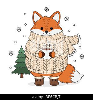 Fox Wearing Warm Sweater and Scarf Holding Hot Coffee Cup in Winter Snow Illustration Stock Vector