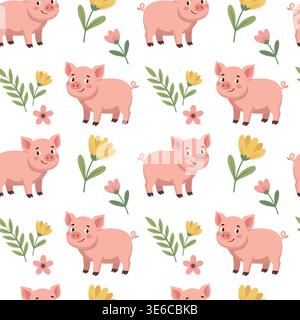 Seamless pattern with cute pink pigs and spring flowers on white background Stock Vector