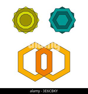 Geometric shape elements. Hexagon and circle Vector. Interconnected logo concept. Bright color palette. Stock Vector