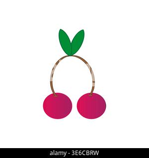 Ripe cherry fruit icon. Two berries together. Red magenta Vector gradient. Fresh dessert element. Stock Vector