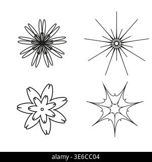 Abstract flower shapes. Decorative botanical elements. Sunburst starburst Vector forms. Black line silhouettes. Stock Vector