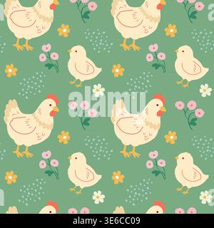 Seamless pattern with hens chicks and flowers on green background Stock Vector