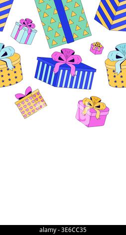 Wrapped gift boxes vertical top frame illustration Stock Vector